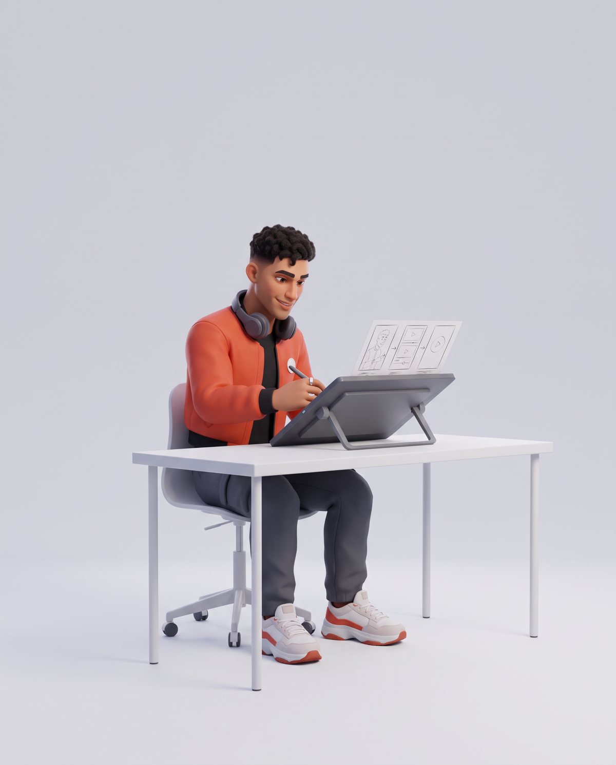 Sonny sketching a video storyboard on a drawing tablet