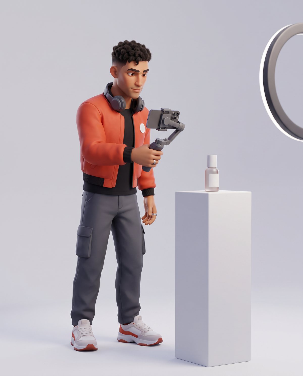 Sonny filming a skincare bottle with a phone on a gimbal